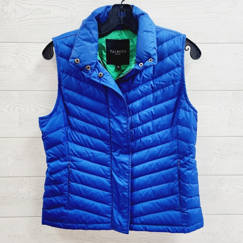 Talbots Down Filled Blue Puffer Vest Chevron Quilted Snap Zip Front Small Petite